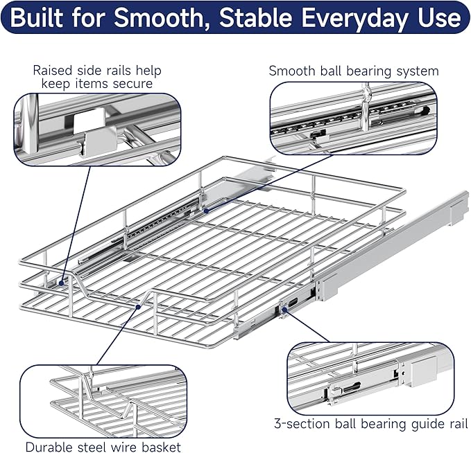Pull Out Cabinet Organizer, 13.5" W x 21.5" D, Heavy Duty Chrome Slide Out Shelf for Base Cabinets, Sliding Wire Basket Drawer for Pantry Items, Bowls, Containers & Cleaning Supplies - Image 5