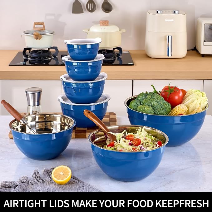 Blue Mixing Bowls with Lids Set of 7, Stainless Steel Nesting Bowl with Khaki Lid for Non-slip Mixing Prepping Storing Serving, 7 Sizes-7/3.6/2.7/2.1/1.5/1/0.8 QT - Image 6