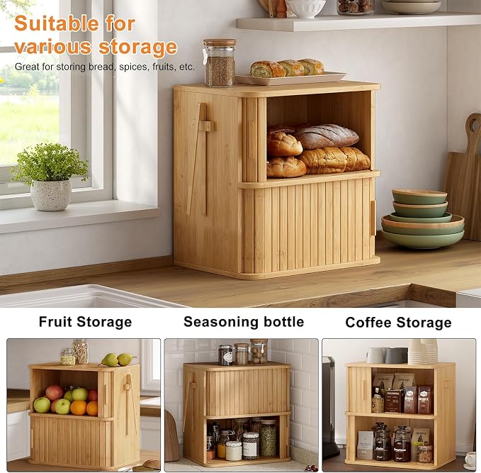 WOWLIVE 2-Tier Roll Top Bread Box for Kitchen Countertop Storage Cabinet | Double Layer Bamboo Bread Boxes with Sliding Doors, Extra Large Bread Storage Cabinet for Loaves & Pastries, Natural - Image 5