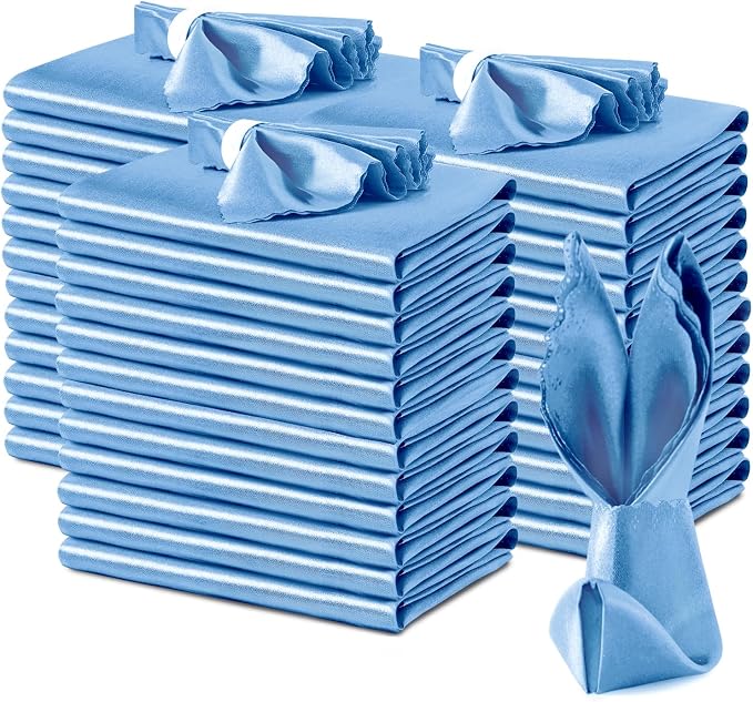 VACVELT 100 Pack Light Blue Scalloped Satin Napkins 17x17 Inch Wedding | Scalloped Floral Edges With Silky Smooth Finish, Seamless Design, Machine Washable Wrinkle And Fade Resistant by VACVELT
