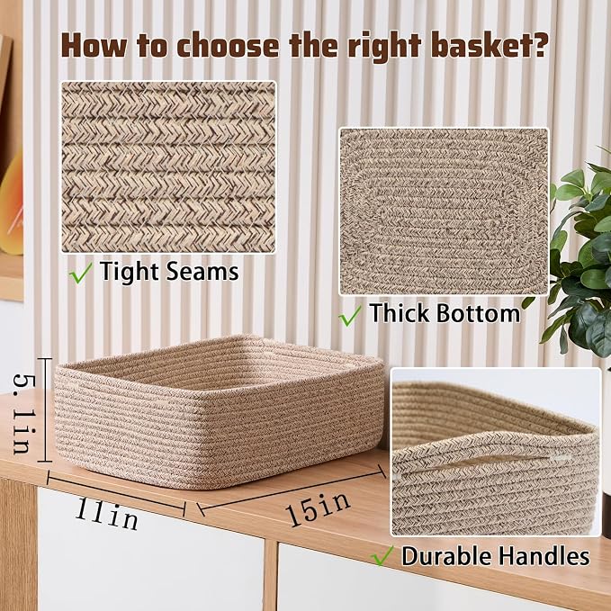 MiniArk Large Shallow Organizing Baskets 15x11x5.1 Inches - Rope Woven Storage Bins for Bathroom, Shelves, Cube Closet, Mixed Brown 4 Packs - Image 2