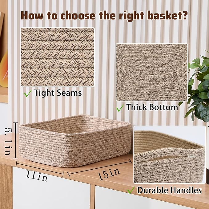 MiniArk Large Shallow Organizing Baskets 15x11x5.1 Inches - Rope Woven Storage Bins for Bathroom, Shelves, Cube Closet, Mixed Brown 3 Packs - Image 2