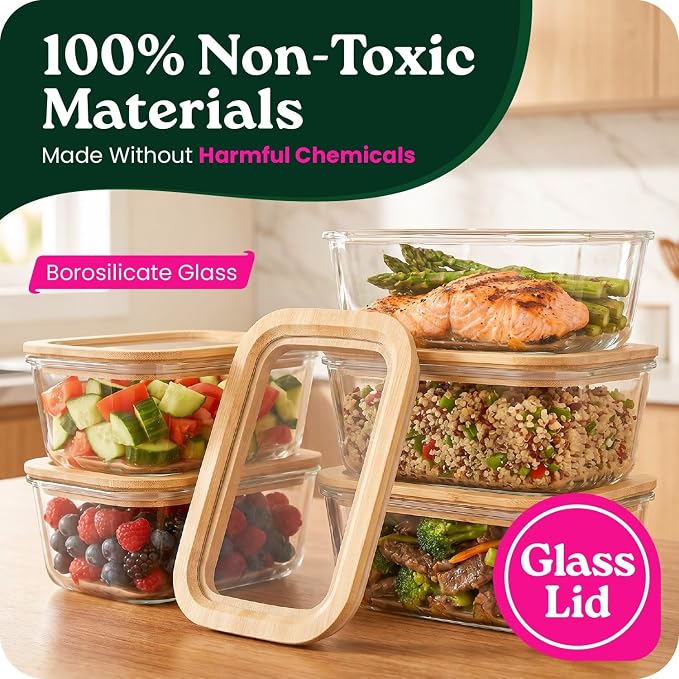 6-Pack Glass Food Storage Containers with Glass Lids & Bamboo Rim – Plastic Free 27 Oz Glass Meal Prep Containers for Lunch, Eco Friendly Airtight Food Storage, Microwave & Oven Safe - Image 3