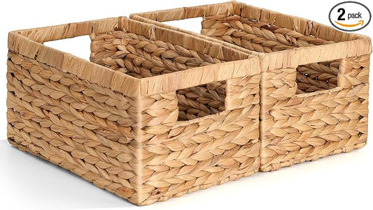 Set of 2 Wicker Shelf Storage Baskets for Organizing - Natural Durable Water Hyacinth Woven Basket Pantry Bin Organizers for Shelves with Handles for Home & Decor Organization, 12.5” x 8” x 6.5” by Storage+Standard
