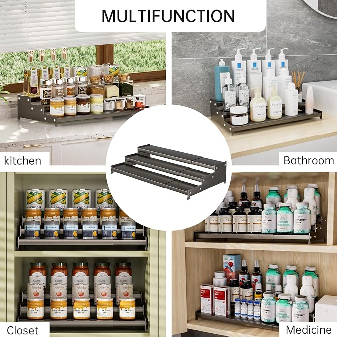 Expandable Carbon Steel Spice Rack Organizer for Pantry, Adjustable 3-Tier Ladder Shelf,Holds Up to 24 Cans,Kitchen Countertop Organizer, Rustproof Storage Rack for Spices, Cans, Sauces & Dry Goods - Image 8