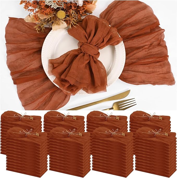 100 Pieces Cloth Napkins Terracotta Dinner Cheesecloth Napkins for Wedding,Wrinkled Cloth Napkins Bulk for Home Party Rustic Table Decoration, 17 x 17 Inch by Teruntrue
