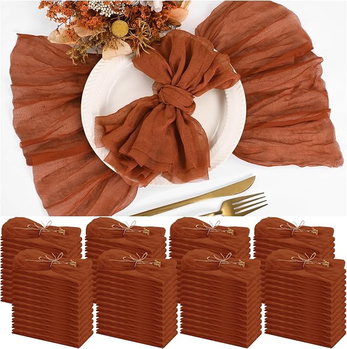 100 Pieces Cloth Napkins Terracotta Dinner Cheesecloth Napkins for Wedding,Wrinkled Cloth Napkins Bulk for Home Party Rustic Table Decoration, 17 x 17 Inch by Teruntrue