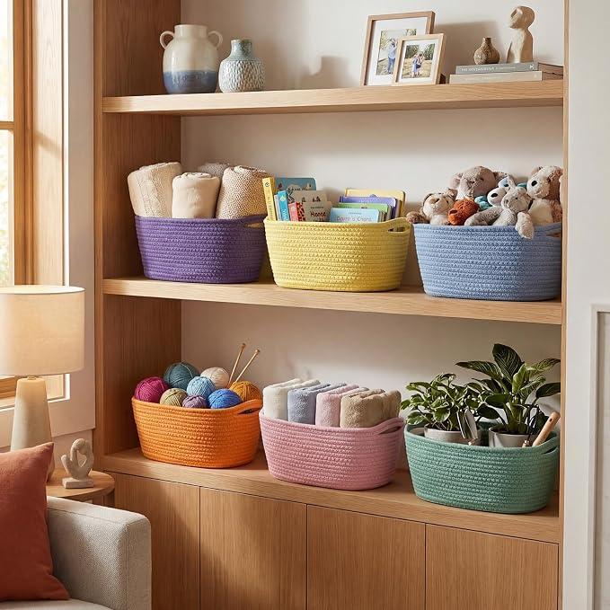 Sawysine 6 Pcs Storage Baskets Bulk for Organizing Cotton Rope Woven Basket with Handles for Gift Cloth Shelves Blanket Toys Living Room(Morandi) - Image 4