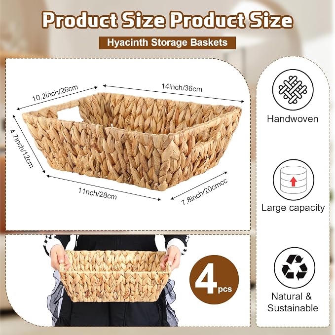 Novabright 4 Pcs Water Hyacinth Storage Baskets 14"L x 10''W x 4.7''H Large Wicker Woven Basket with Handles Pantry Gift Baskets Natural Storage Bins for Organizing Countertop - Image 2
