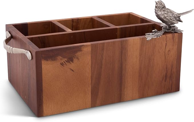 Caddy Rectangle Acacia Wood Flatware/Serve ware/Utensil/Carry-All Holder Solid Pewter Song Bird Accent and Real Leather Handles, 3 Small and 1 Larger Compartment 13.5 inch Long - Image 4