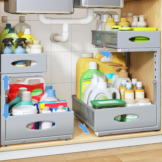 Under Sink Organizer, 2 Pack 2 Tier Pull Out Under Cabinet Organizer Shelf with Pad for Framed Cabinets, Metal Slide Out Under Sink Storage, Mesh Sliding Drawers for Kitchen Bathroom Laundry, Grey by PXRACK