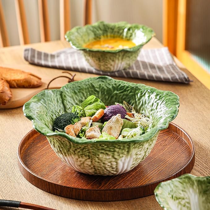 KXZ Green Cabbage Serving Bowl Set of 3 for Kitchen - Extra Large 60oz, 16oz, 5oz Nesting Mixing Bowls, Porcelain Dishes for Salad, Entertaining, Fruit, Vintage, Decorative, Ceramic Pho Soup Tureen - Image 5