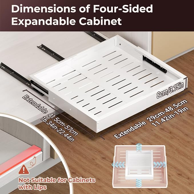 1 Pcs Pull Out Cabinet Organizers, Width (12"-19") and Depth (17"-23") Expandable With 3 Slides, No Drill Slide out Drawers Adhesive Film or Nail Cabinets Without Lip in Kitchen, Bathroom - Image 3