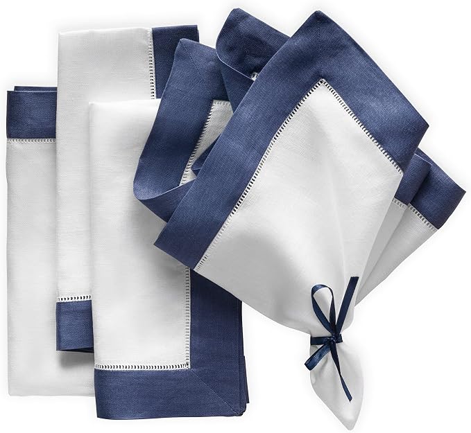Linen Napkins 20 x 20 inch - 100% Pure Linen White and Navy Blue Dinner Napkins Set of 4 - Hemstitch Napkins Cloth Washable for Winter, Easter and Spring Decor by OlucioAuthentiqueHome