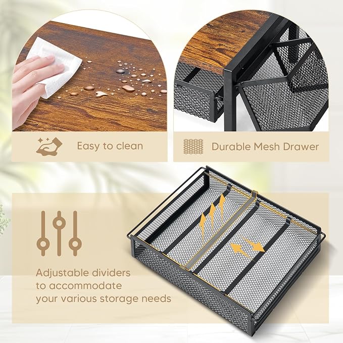 DGWJSU Tea Bag Organizer, Wood Tea Organizer and Storage Cheast, Tea Bag Holder with Storage Drawer, 4 Hooks for Tea Cups Holder, Tea Station Chest Display Container Box for Countertop Kitchen - Image 6