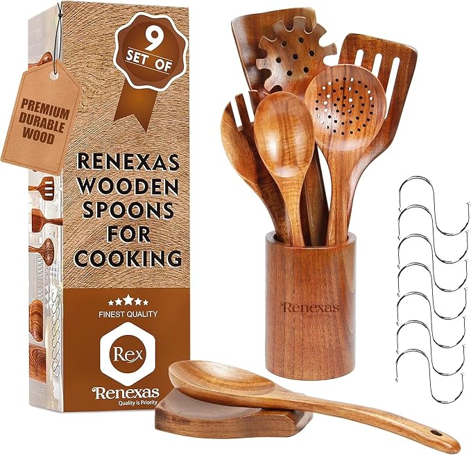 Kitchen Utensils Set, 9 Piece Teak Wooden Utensil Set for Cooking, Premium Teak Cooking Utensils, Non Toxic Wooden Spoons & Spatulas, Heat Resistant Kitchen Tools for Nonstick Cookware by Renexas