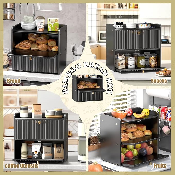 Bread Box for Kitchen Countertop, Large Bread Storage Container for Homemade Bread, Double Layer Farmhouse Breadbox Organizer, Vintage Bamboo Wooden Bread Holder Bin, Black - Image 7