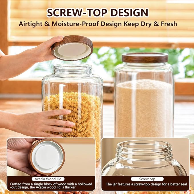 Joypeace 2 Pack 1.2 Gallon Large Glass Jars with Airtight Screw-On Lids, 155 oz Food Storage Containers, Large Canisters for Flour, Rice, Sugar, and Dry Goods to Organize Your Kitchen Pantry - Image 3