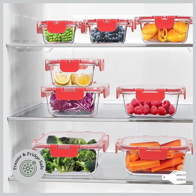 Emporio Kitchen Borosilicate Glass Food Storage Containers with Lids 24 Pieces, BPA-Free Stackable Lunch & Leftover Containers, Microwave, Freezer & Dishwasher Safe, 100% Airtight Leak-Proof, Red - Image 10
