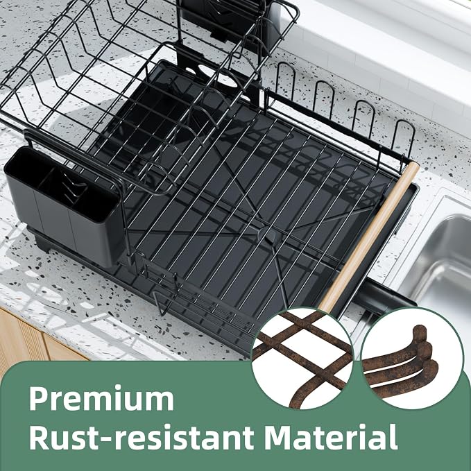 2-Tier Dish Rack with Drainboard: Large Capacity Anti-Rust Kitchen Counter Organizer with Cup, Utensil & Cutting Board Holders, Heavy Duty Dish Drying Rack, Black - Image 4
