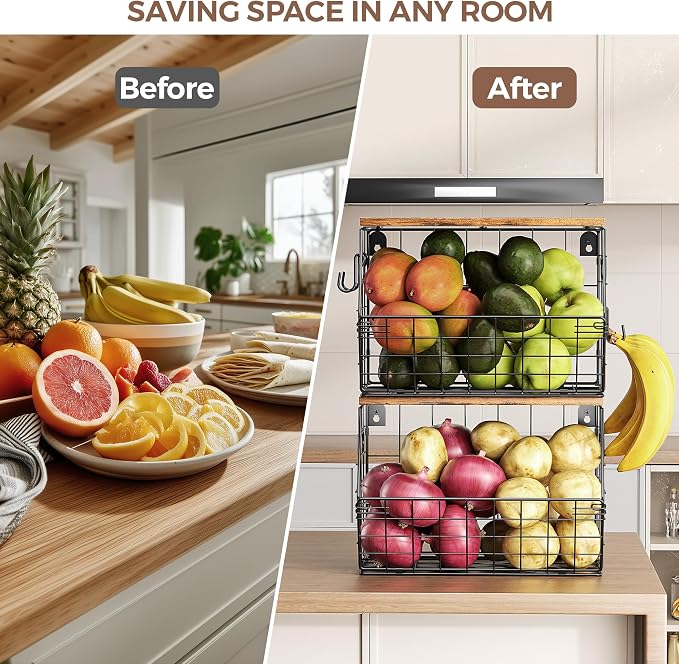 Delamu Stackable Metal Fruit Basket with Wood Lid 2 Pack, Hanging Wall Organizer for Kitchen Counter, Pantry Storage for Onions, Potatoes, Garlic, Fruits, Spices, Black - Image 7