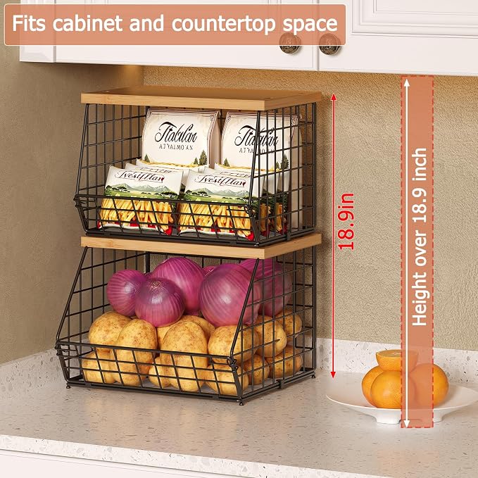 2 Set Stackable Wire Basket with Wooden Tops & Pad for kitchen organizers and storage, XXL Kitchen Counter Organizer for Fruit, Vegetable, Bread, Potato and Onion Storage Bin - Image 3