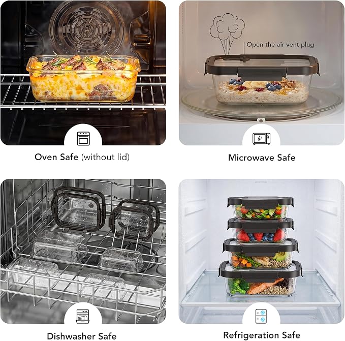 Glass Meal Prep Containers with Glass Lids, 4 Pack Airtight Glass Food Storage Containers, Borosilicate Glass Lunch Containers for Healthy Meal Prep, Microwave Oven Dishwasher Safe, BPA Free - Image 6