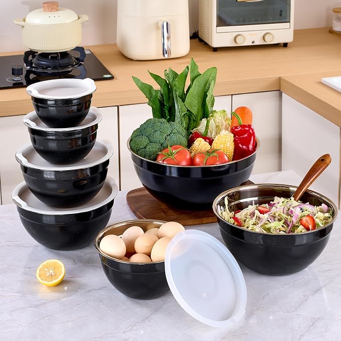Black Mixing Bowls with Lids Set of 7, Stainless Steel Nesting Bowl with Khaki Lid for Non-slip Mixing Prepping Storing Serving, 7 Sizes-7/3.6/2.7/2.1/1.5/1/0.8 QT - Image 8