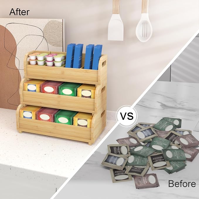 Wisuce 3-Tier Bamboo Tea Bag Organizer, Stackable Tea Holder for Countertop | Tea Box Shelf with Removable Dividers, Wall Mount Large Capacity Tea Organizers and Storage for Pantry Kitchen Office Bar - Image 5
