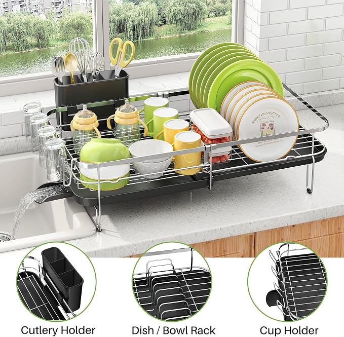 SNTD Expandable Dish Drying Rack for Kitchen Counter, 13.8-22.6 in, Silver | Stainless Steel, Removable Utensil & Cup Holder, Self Draining Drainboard with Rotating Spout - Image 6