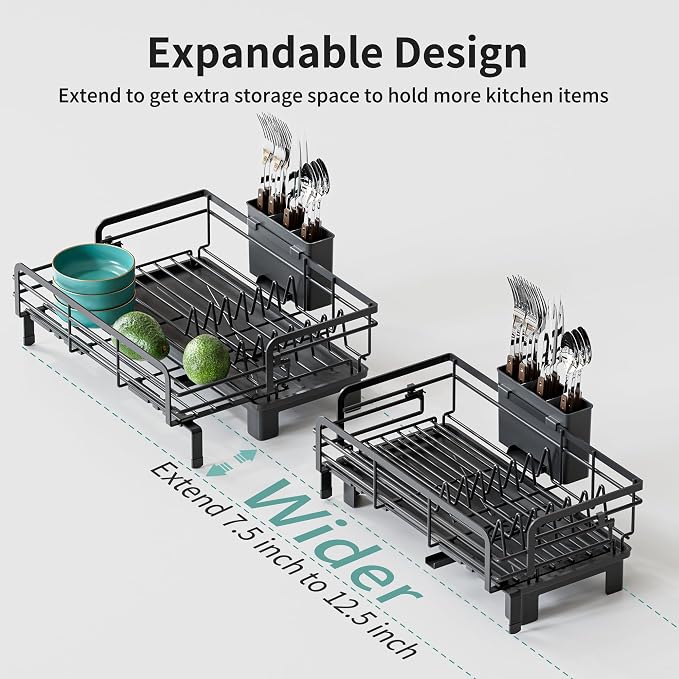 Small Dish Drying Rack - Extendable Dish Rack for Kitchen Counter, Rustproof Dish Drainers with Utensil Holder, Perfect for Apartments, RVs and Small Spaces,16.5" D x 7.5"-12.5" W x 6.5" H - Image 3