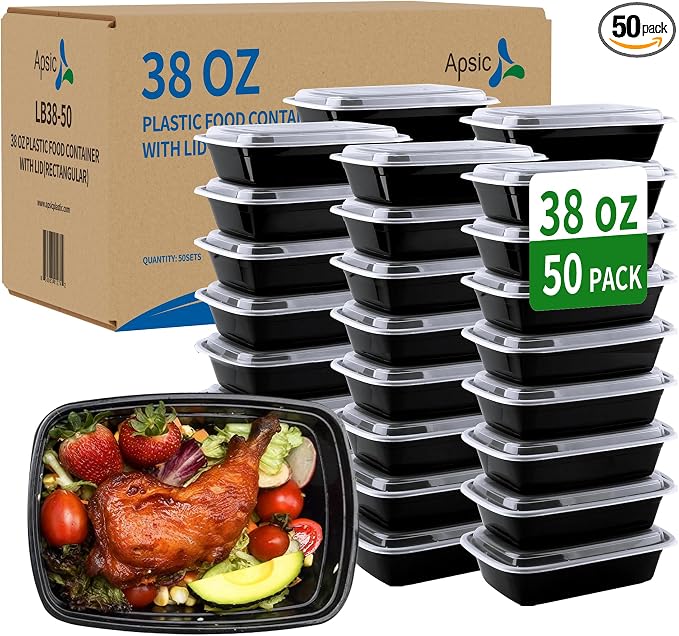 38oz Meal Prep Containers, 50 Pack Disposable Food Storage Boxes with Lids | Heavy Duty, Single Compartment, Leakproof Lids, BPA Free, Microwave Freezer Safe, Plastic To Go Bento Boxes for Lunch Takeout by Apsic