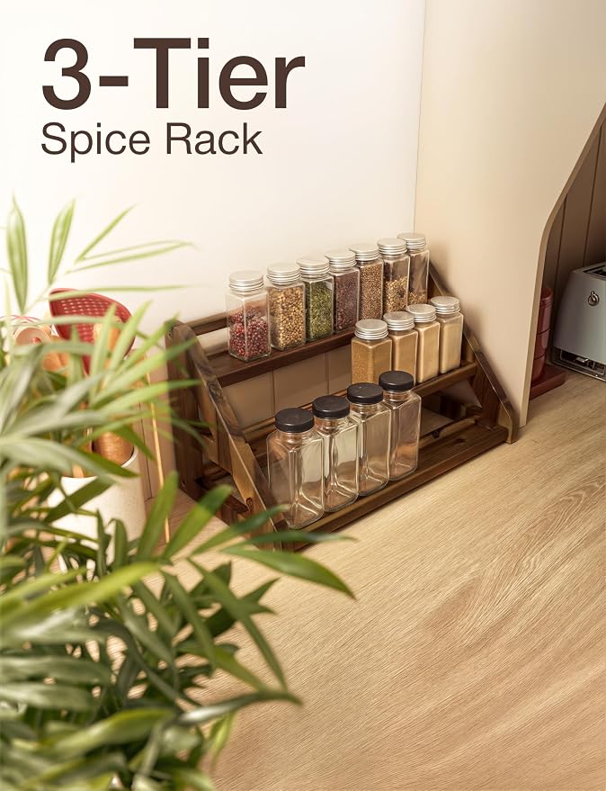 Tinamo Acacia Wood Spice Rack, 3-Tier Spice Rack Organizer for Countertop | Solid Acacia Wood, 3-tier Spacious Design for 24 Spice Jars, Cutout Grooves for Secure Storage, Easy Assembly, Walnut Finish - Image 5