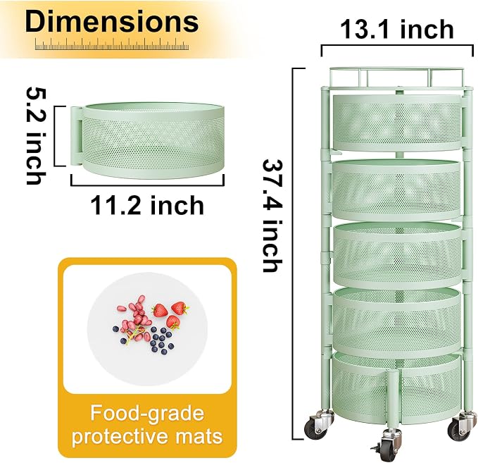 SNTD Fruit and Vegetable Basket Bowls for Kitchen with Metal Top Lid, 5 Tier Rotating Storage Rack Cart for Potato Onion Bread Banana, Wire Basket Organizer on Wheels, Large (Green) - Image 2
