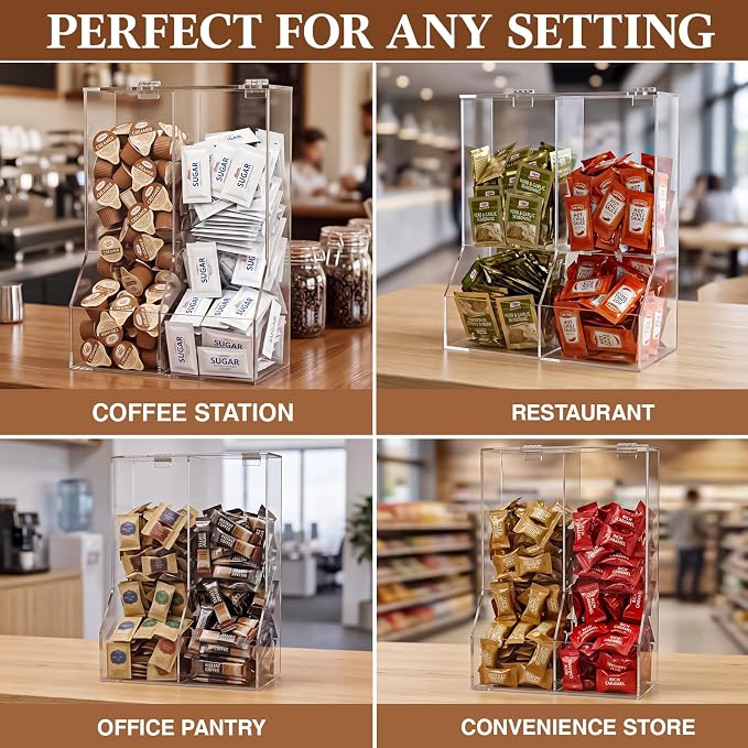 1 Pcs Divided Condiment Bin with Lid 2 Compartment Condiment Packet Organizer Sugar Packet Wrapped Candy Caddy Clear Acrylic for Bakery Restaurant Retail Stores, 8.5" W x 4" D x 12.25" H - Image 6