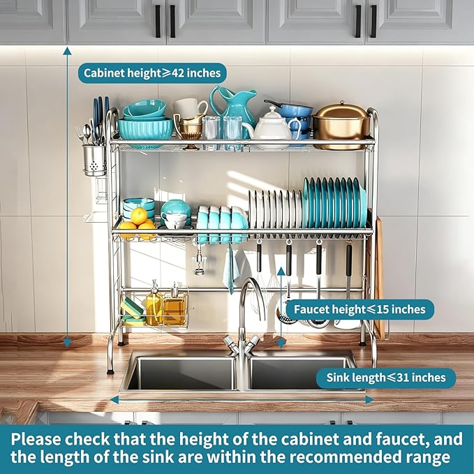 HOWDIA Stainless Steel 2-Tier Over The Sink Dish Drying Rack with Utensil Holder, Large, for Kitchen Counter | Stainless Steel, Cutlery Holder & Chopping Board Rack, for Kitchen Counter - Image 2