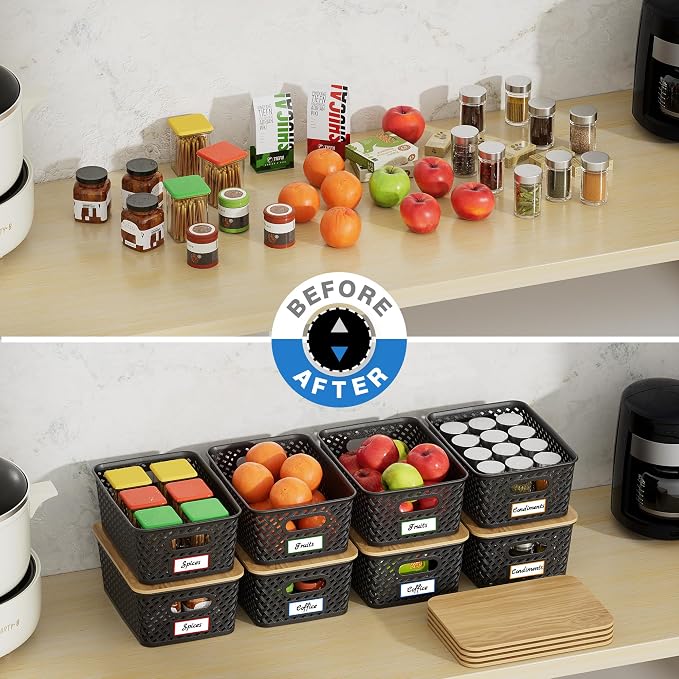 Anysig 8 Pack Plastic Storage Bins with Bamboo Lids, 5.2 QT Stackable Bins | Decorative Small Storage Basket Containers for Organizing Shelves Office Classroom Desktop Closet, Black - Image 4