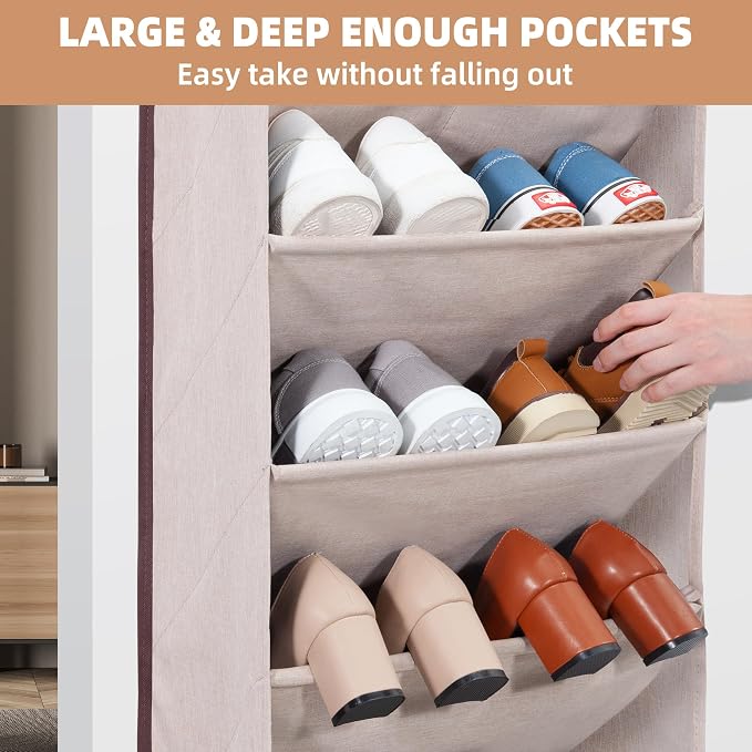 STORAGE MANIAC Over the Door Shoe Organizer Heavy-Duty Large Deep Pocket Hanging Shoe Organizer Shoe Rack Door Closet Shoe Organizer for Wall, Dorm & Narrow Door Storage Shoe Holder Oat Beige, 1 Pack - Image 7