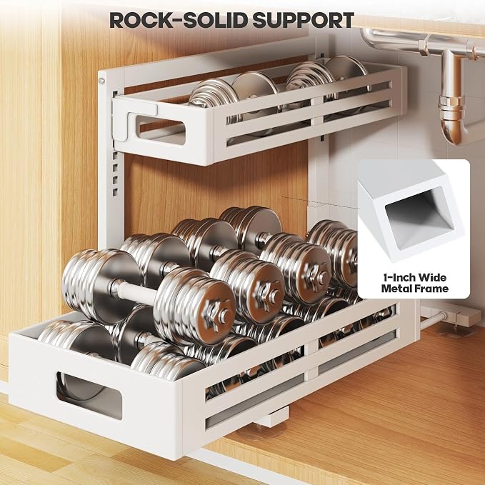 2 Pack 19IN-Depth Under Sink Organizer,Pull Out Cabinet Organizer With Smooth Cylindrical Rail,Metal Slide Out Drawer for Kitchen Bathroom Laundry,8-Level Tool Free Height Adjustable-White - Image 5