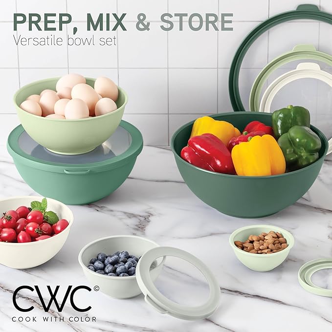 COOK WITH COLOR Mixing Bowls with TPR Lids - 12 Piece Plastic Nesting Bowls Set includes 6 Prep Bowls and 6 Lids - Microwave Safe (Sage) - Image 2