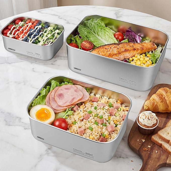 3Pcs Stainless Steel Food Containers,Stainless Steel Containers with Lids,Snack Containers,Lunch Box,Easy Clean,Airtight&Leakproof for Kitchen Storage,Dishwasher Safe,BPA-Free（34oz+54oz+88oz） - Image 3