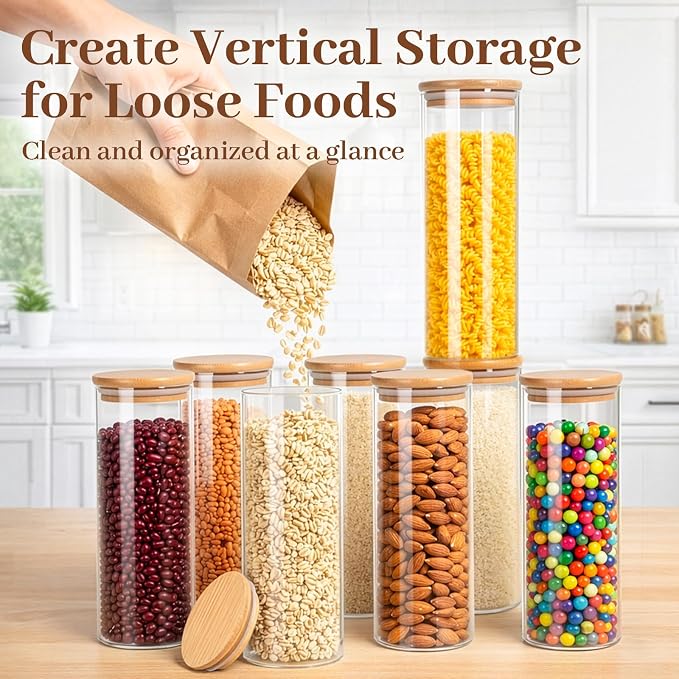 Stackable Glass Food Storage Containers with Lids [Set of 8 ], Airtight Glass Canister for Kitchen & Pantry Organization, Clear Borosilicate Jars for Pasta, Cereal, Flour, Sugar, Nuts - Image 4