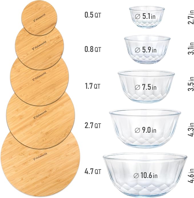 Large Stackable Set of 5 Nesting Glass Bowls with Bamboo Lids for Foodprep, Storage, Baking, Sourdough Mixing & Cooking. Microwave & Oven Safe Heat Resistant Inert Borosilicate Glass - Image 3