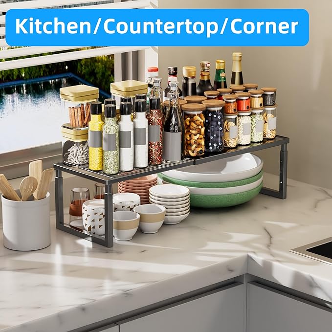 Cabinet Shelf, 1 Pack Expandable Shelf for Kitchen Storage | Stackable & Height Adjustable Cabinet Organizer Shelf | Metal Shelf Organizer | Black Spice Rack for Pantry Storage - Image 6