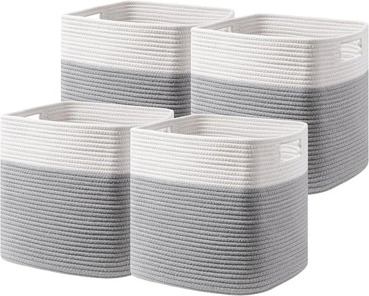 UBBCARE Set of 4 Storage Basket-13 X 13 X 13 in, Cotton Rope Basket for Shelves, Toys, Book, Cube Storage Bins with Handles, Woven Storage Basket for Organizing, White/Grey by UBBCARE