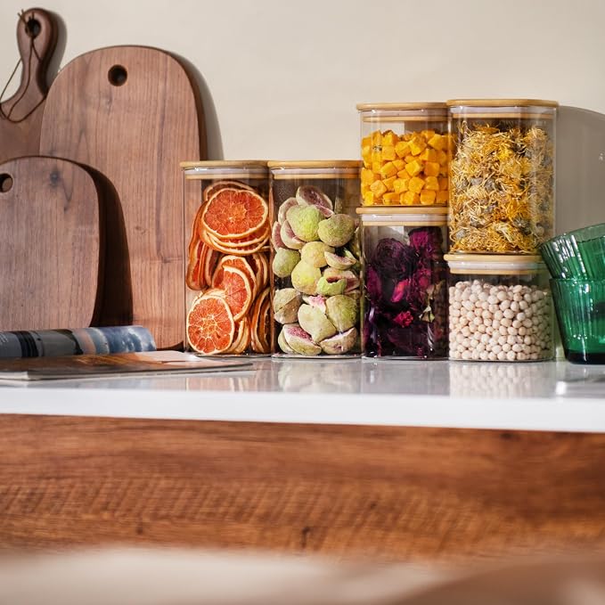D2scrma Airtight Glass Square Storage Containers with Bamboo Lid Set of 6 (650ml*2/1100ml*2/1500ml*2) Stackable Jars, Kitchen Canister for Pantry Cereal, Nuts, Snacks and Coffee beans - Image 7