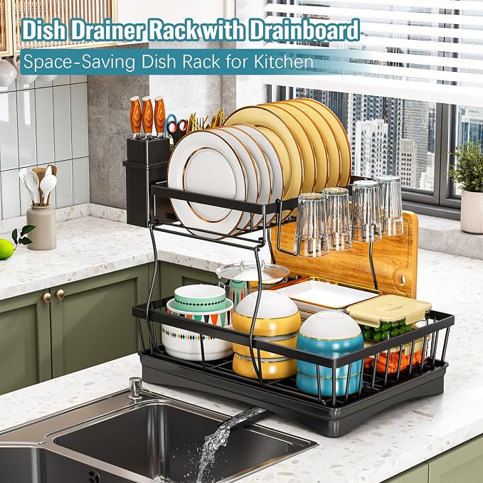 2 Tier Dish Drainer Rack for Kitchen Counter - Space-Saving Dish Rack with Utensil Holder, Large Capacity Dish Drying Rack with Draining Board, Black - Image 4