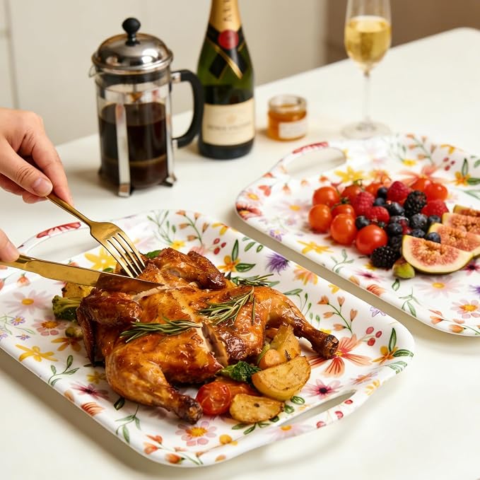 Extra Large Melamine Platters, Serving Tray with Handles for Cookie, Cupcakes, Desserts, Dishwasher Safe, Ottoman Tray Decor, Set of 2, 2 pcs Mats Included (Cottagecore Flower, 21''x14'') - Image 4