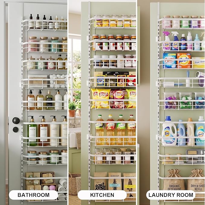 Apinol Over The Door Pantry Organizer, 8 Tier Adjustable Pantry Door Organization and Storage, Spice Rack with Hooks Mounted Shelves for Pantry Kitchen Essentials, White - Image 7