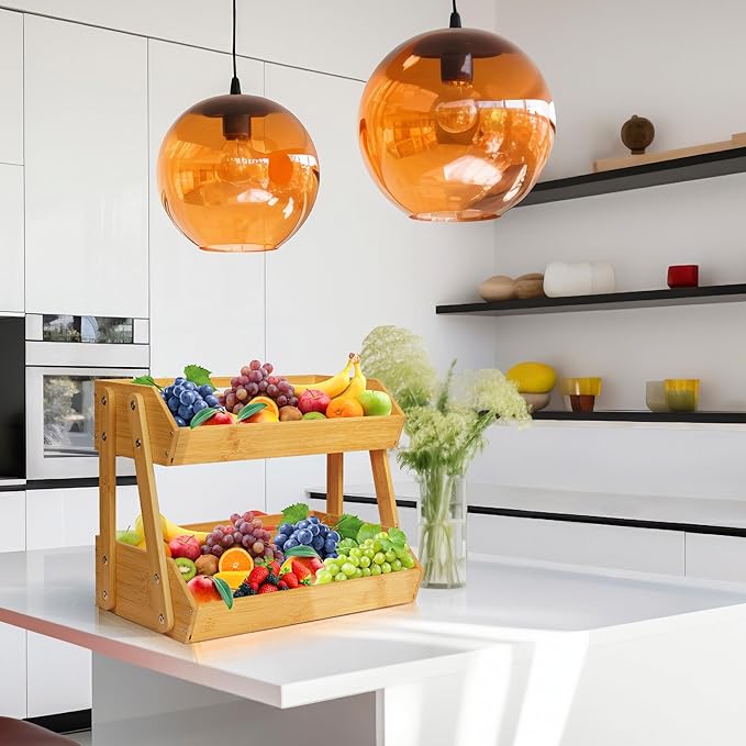 16.5" Fruit Stand Storage Holder 4 Sturdier Legs, 2-Tier Fruit Basket Bowl | Premium Produce Basket for Kitchen, Bamboo Fruit Bowl Holder for Fruit, Vegetables, Bread, Snacks, Countertop Organizer - Image 6